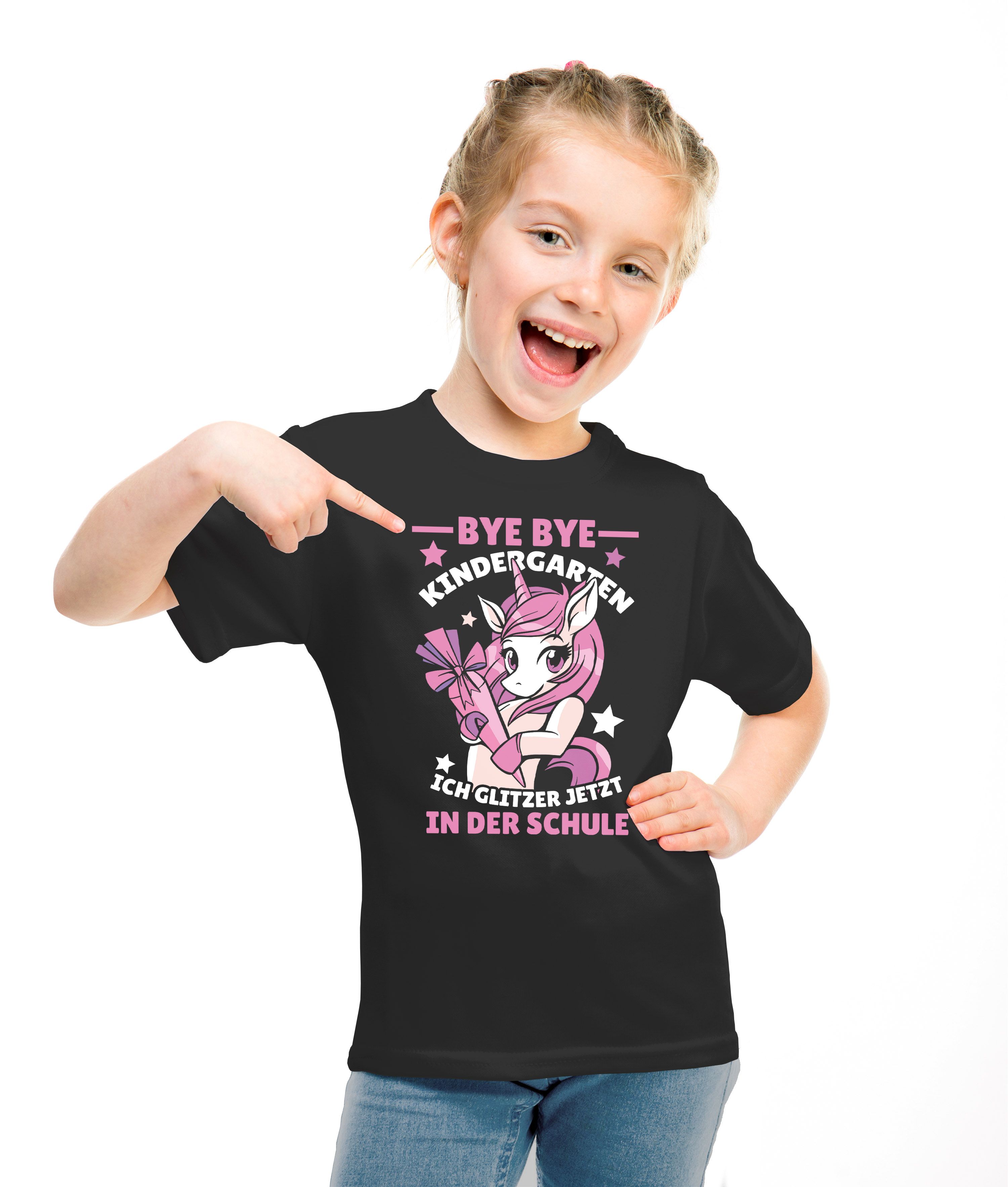 Kinder T Shirt Madchen Mit Einhorn Motiv Und Spruch Bye Bye Kindergarten Ich Ebay