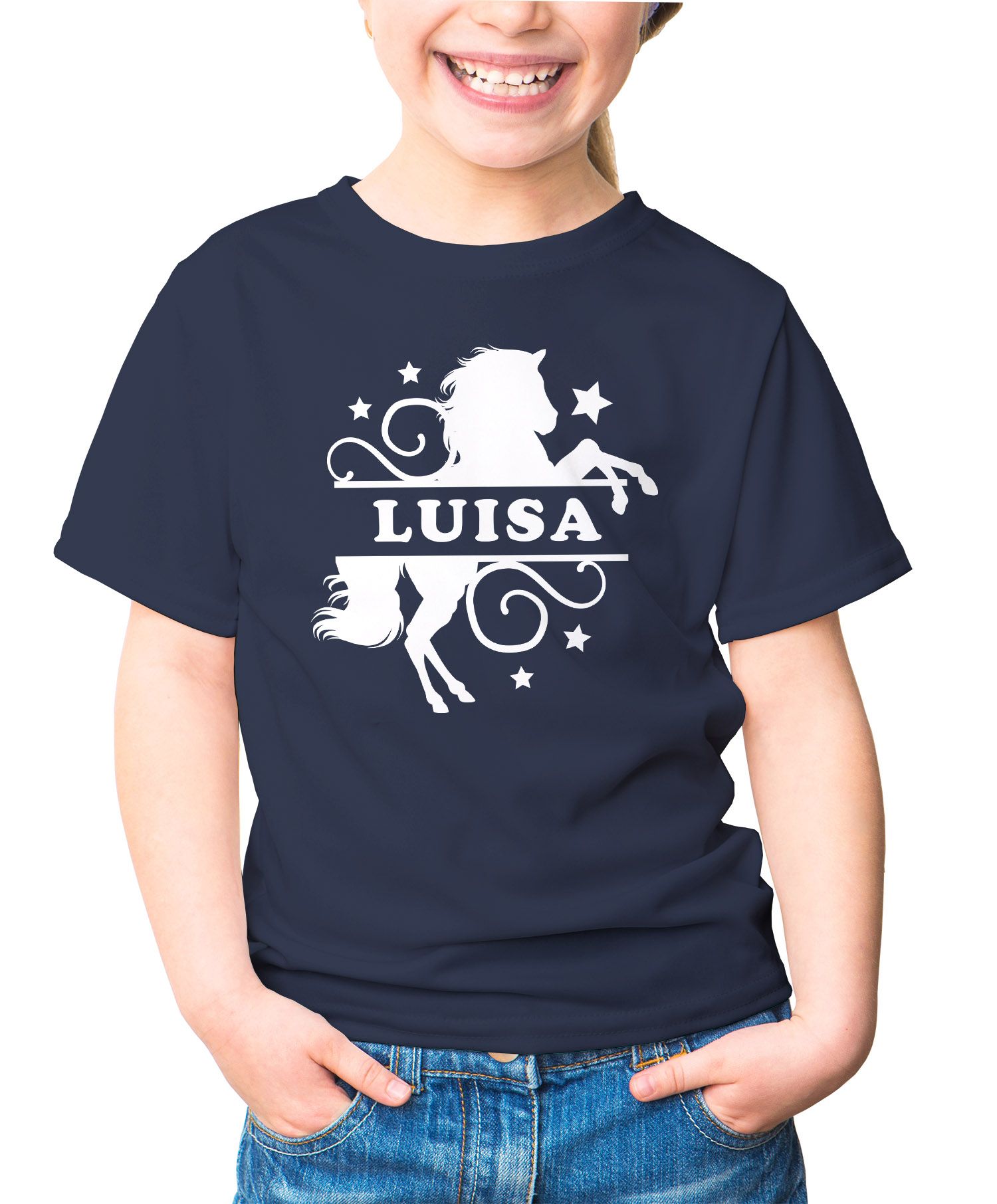 Kinder T-Shirt Mädchen Pferd Motiv eigener Name personalisierbares Geschenk für Mädchen Reiten Moonworks®