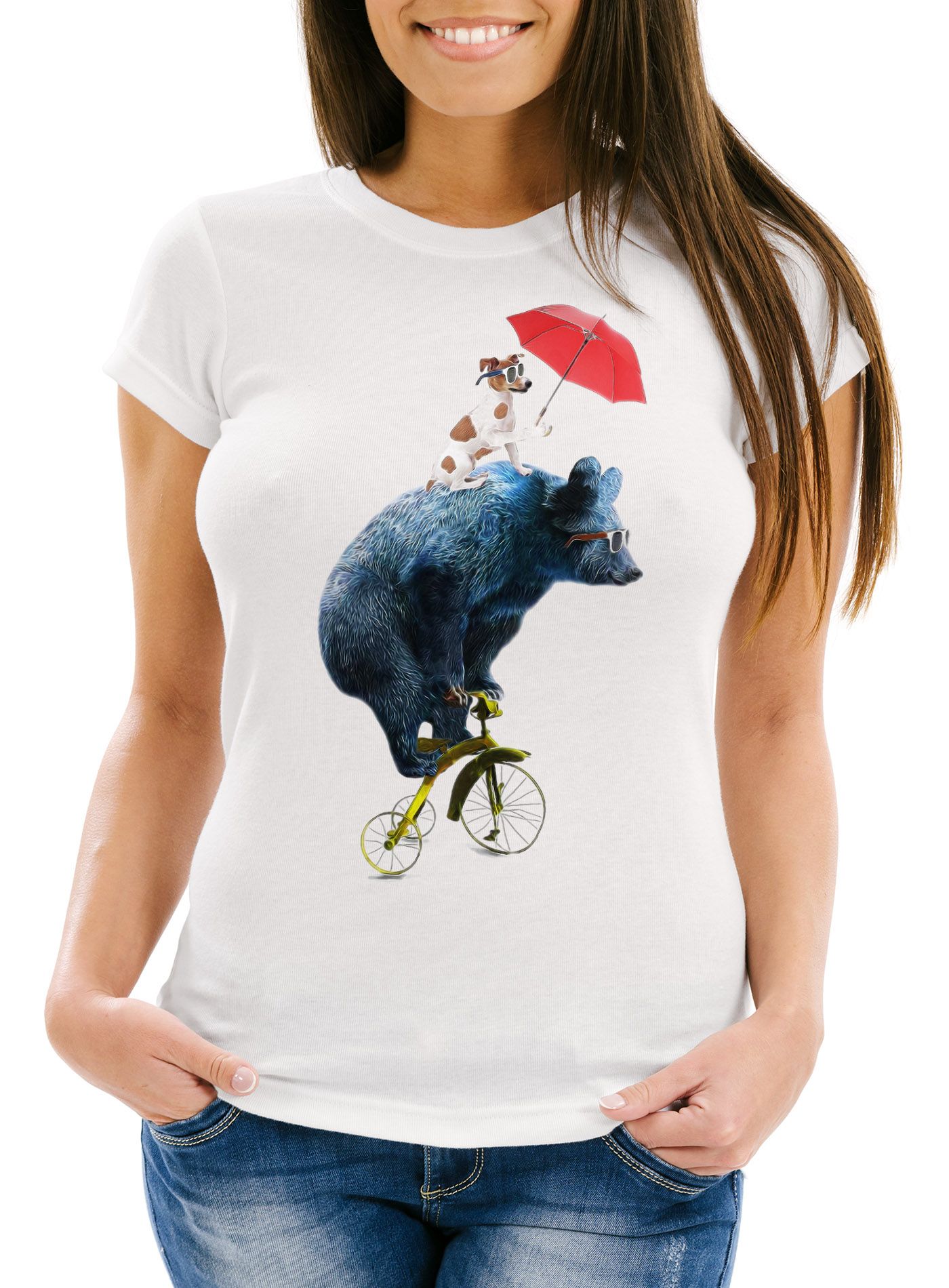 Lustiges Damen T-Shirt Tiermotiv Bär auf Rad Slim Fit Moonworks®