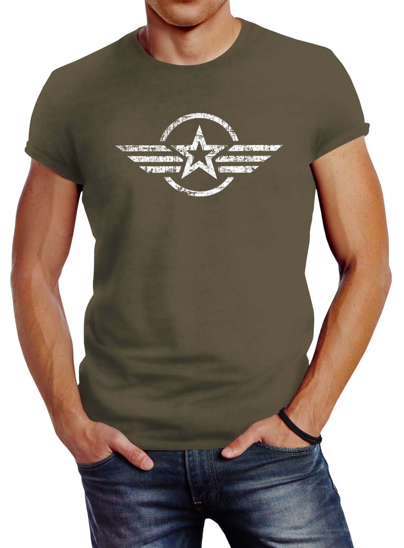 Neverless® Herren T-Shirt Airforce Aufdruck Emblem Fashion Streetstyle