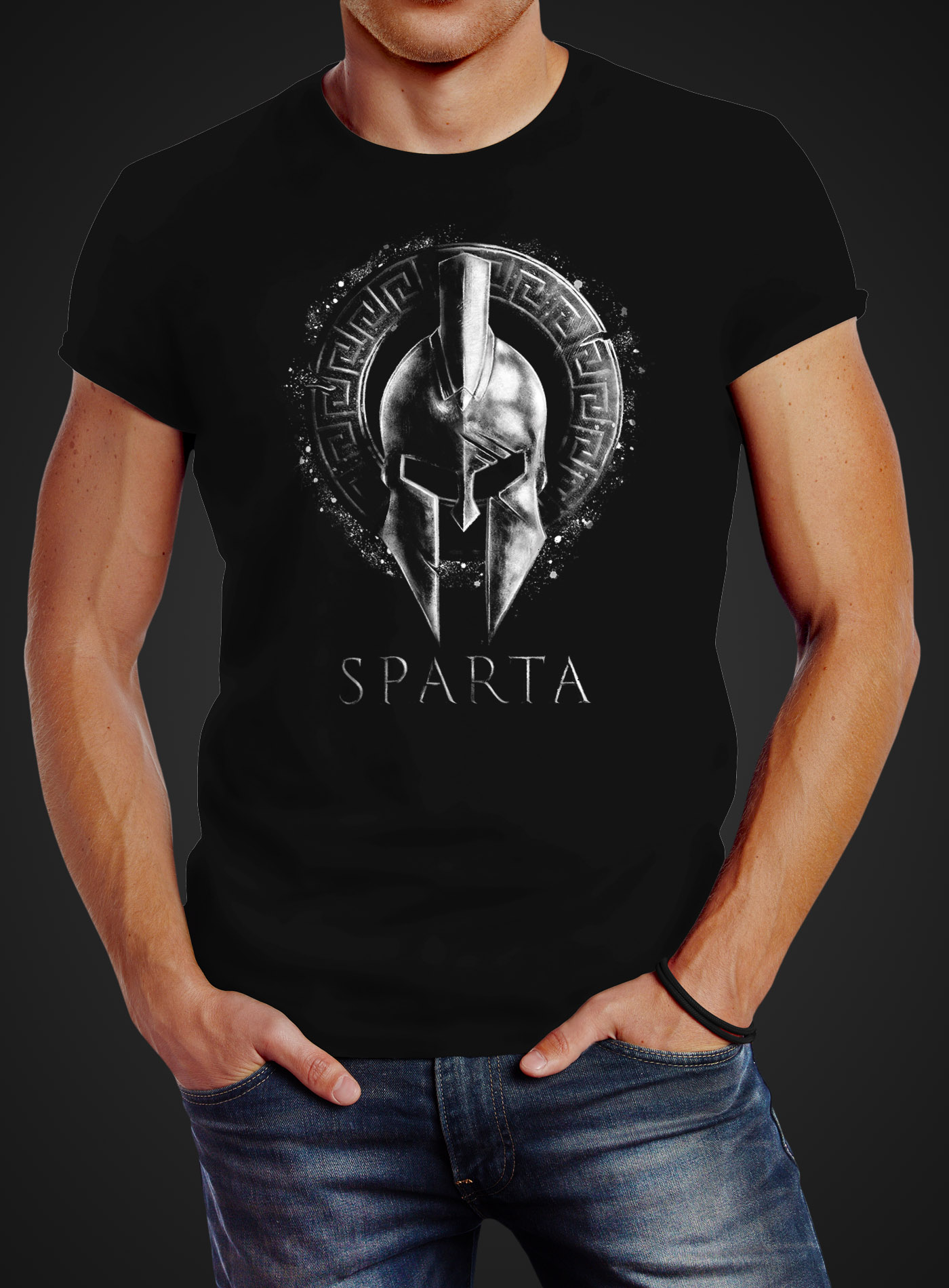 Neverless Men's Sparta Helmet Printed T-Shirt, Black, Cotton, Round Neck