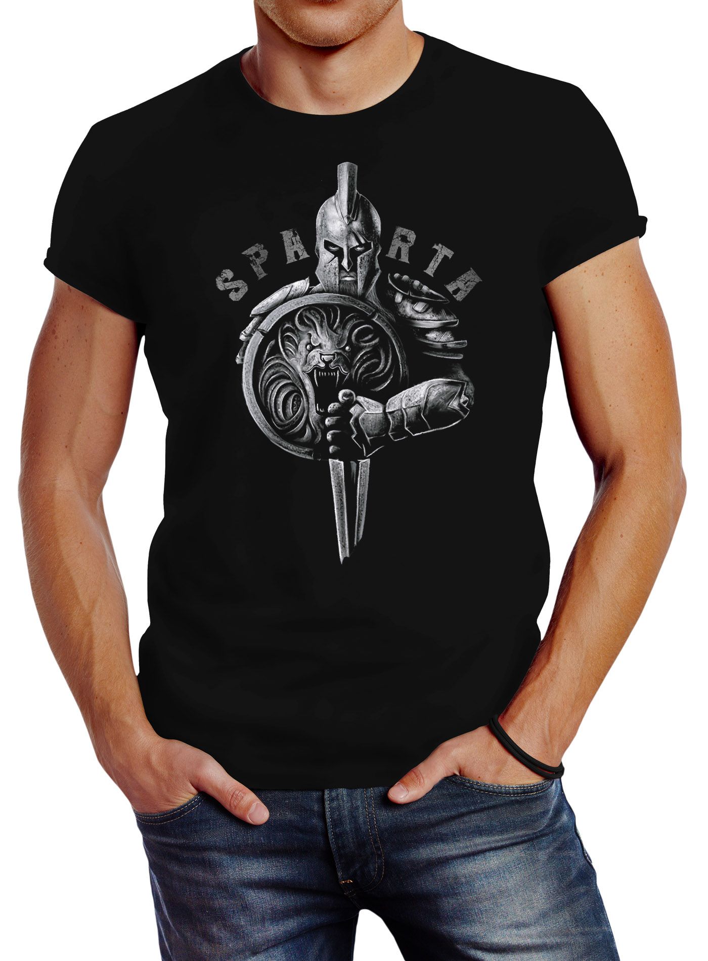 Neverless® Herren T-Shirt Aufdruck Sparta Spartaner-helm Krieger Warrior Schwert Schild Löwe Fashion Streetstyle