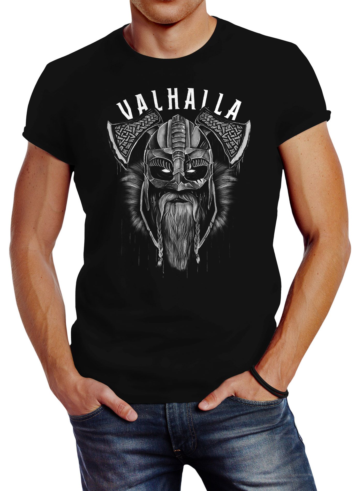 Neverless® Herren T-Shirt Aufdruck Valhalla Wikinger Helm Viking Odin Krieger Printshirt Fashion Streetstyle
