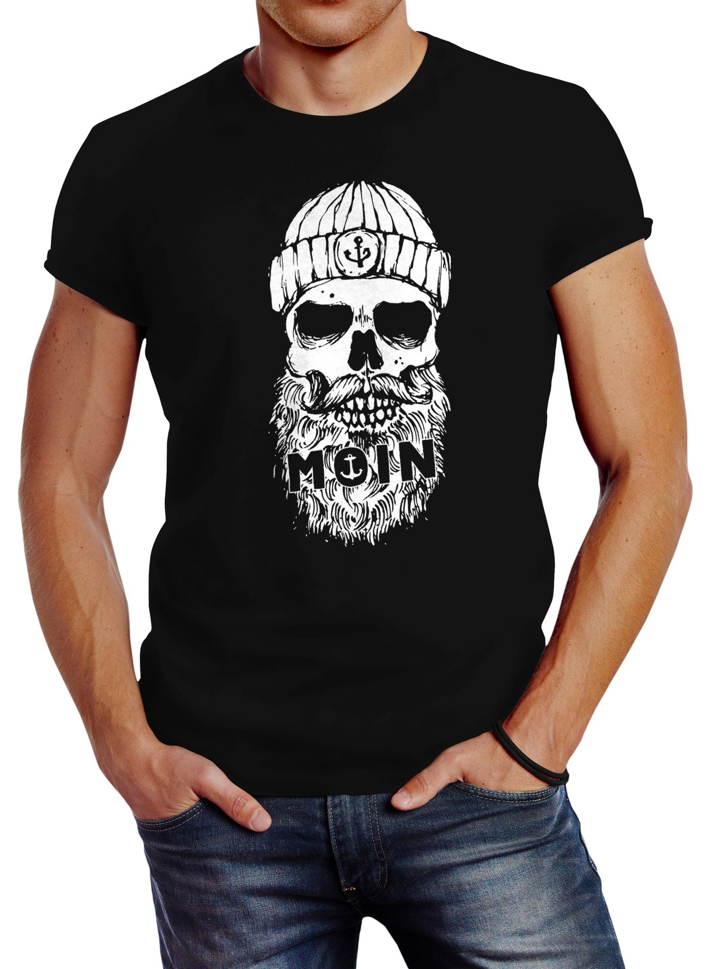 Neverless® Herren T-Shirt Moin Totenkopf Anker Skull Print Motiv Bart