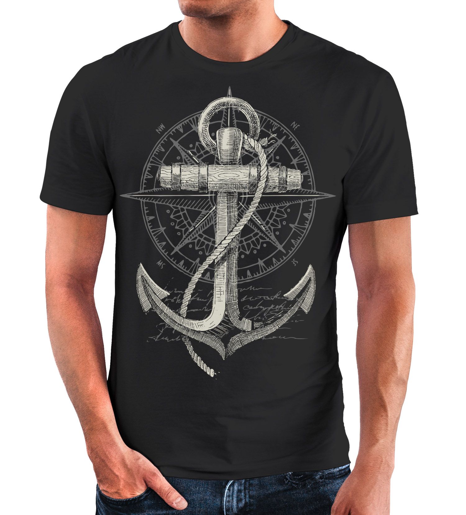 Neverless® Herren T-Shirt Print Aufdruck Anker Kompass Motiv Maritim Meer Fashion Streetstyle