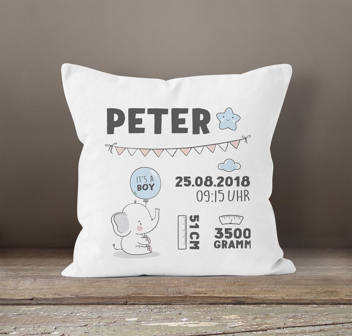 personalisierbares Baby Kissen zur Geburt mit Einhorn oder Elefant