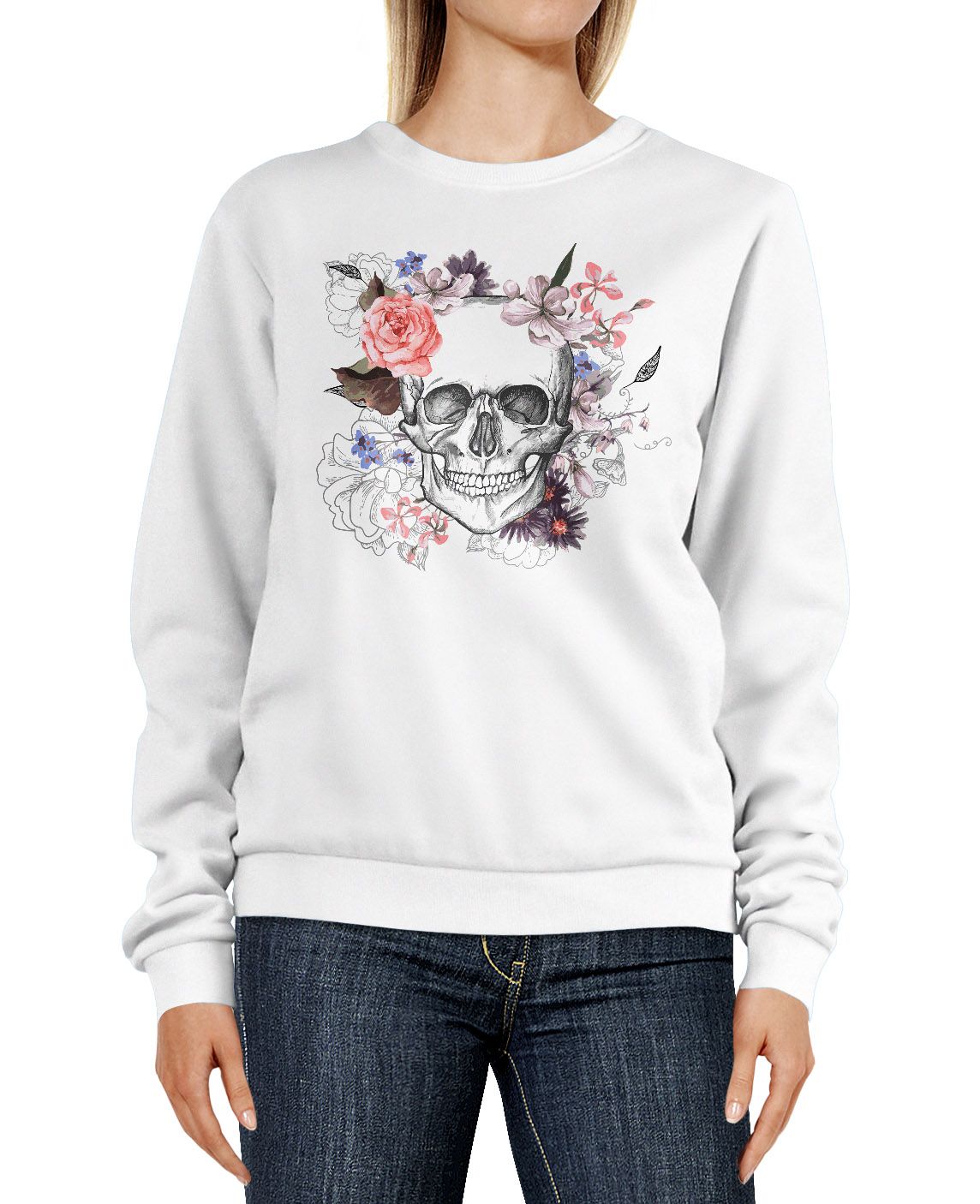 Sweatshirt Damen Totenkopf Blumen Boho Design Print Flower Skull