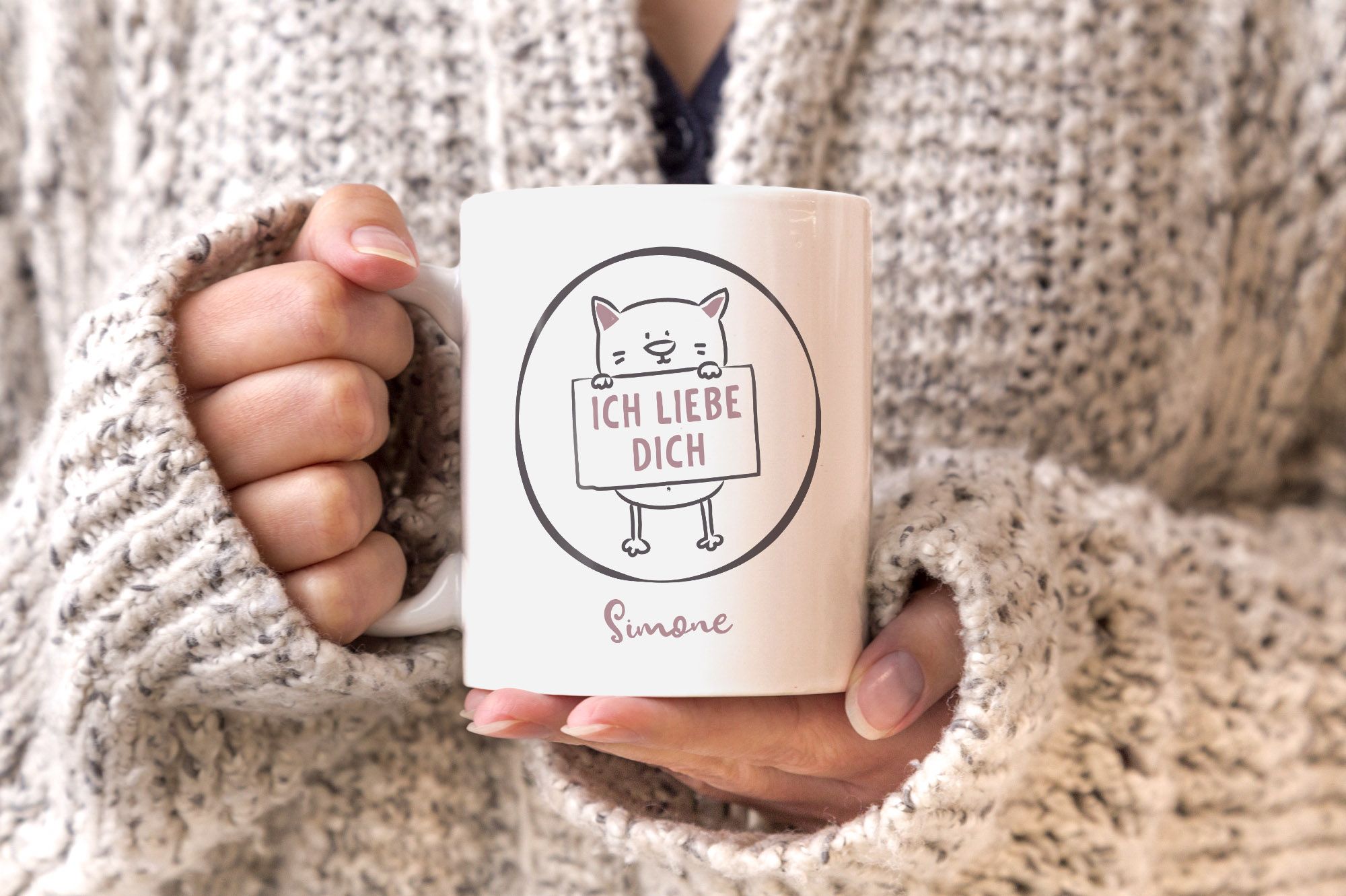 Tasse Ich liebe Dich Spruch personalisierbar Wunschname Katzenmotiv