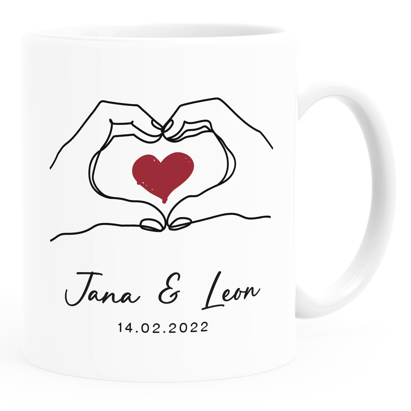 Personalisiert Kaffeetasse Mit Name & Datum – Herz & Hände Motiv, Romantisches Geschenk Für Paare