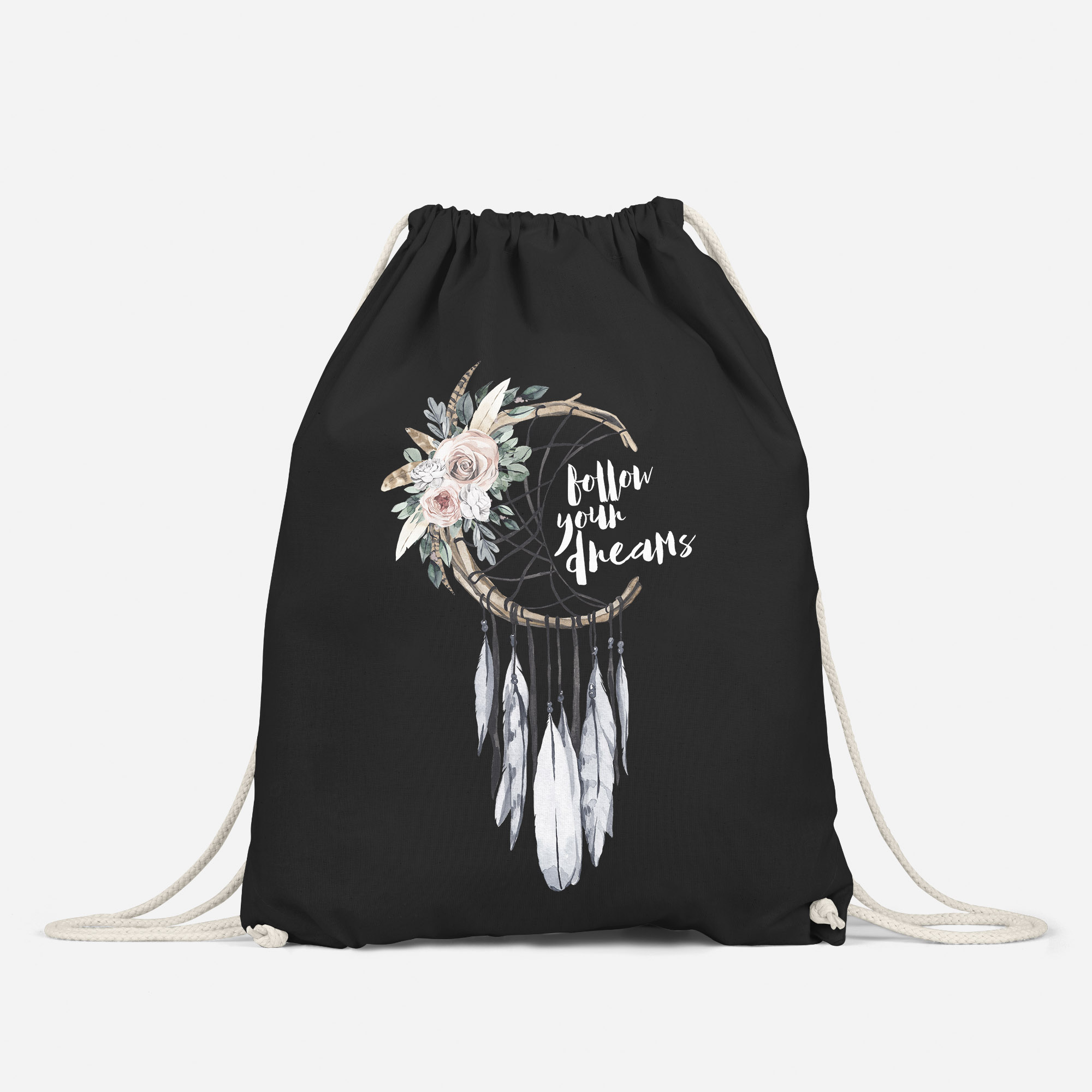 Autiga Turnbeutel Traumfänger Design – Baumwolle, 37x46 Cm, Mit Spruch 'Follow Your Dreams', Blumen & Federn