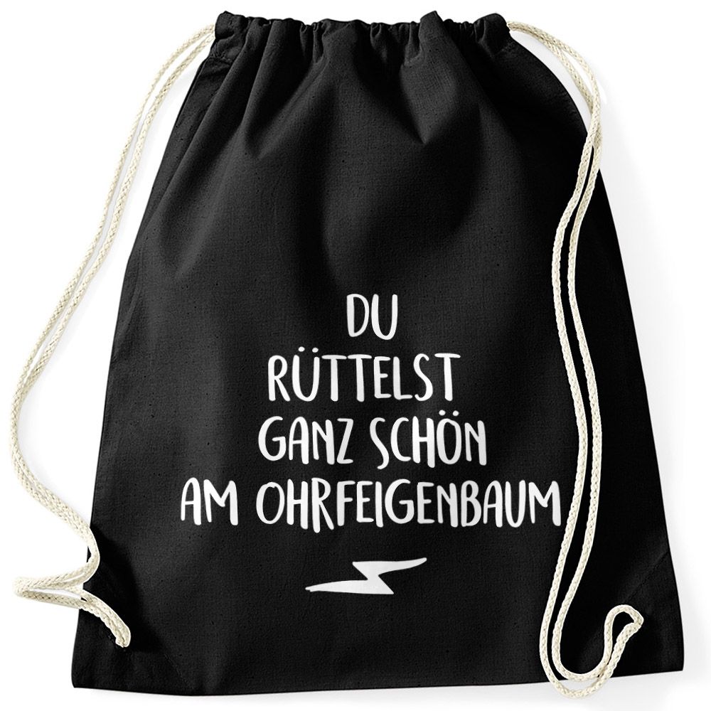 Witziger Turnbeutel mit Spruch Du rüttelst ganz schön am Ohrfeigenbaum